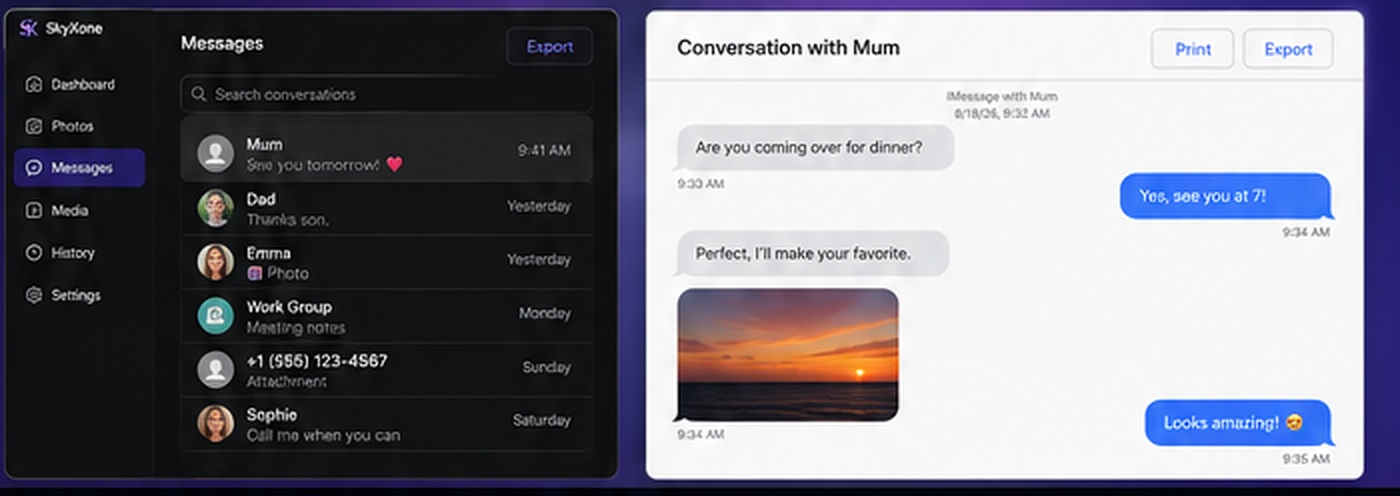An exported conversation: a searchable list of chats with contact names on the left, and on the right a conversation with Mum shown as message bubbles with a photo, with Print and Export buttons.